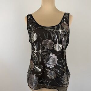 Vintage Sheer Mesh Tank Top M Black Metallic Floral Fairy Grunge Indie Layering
